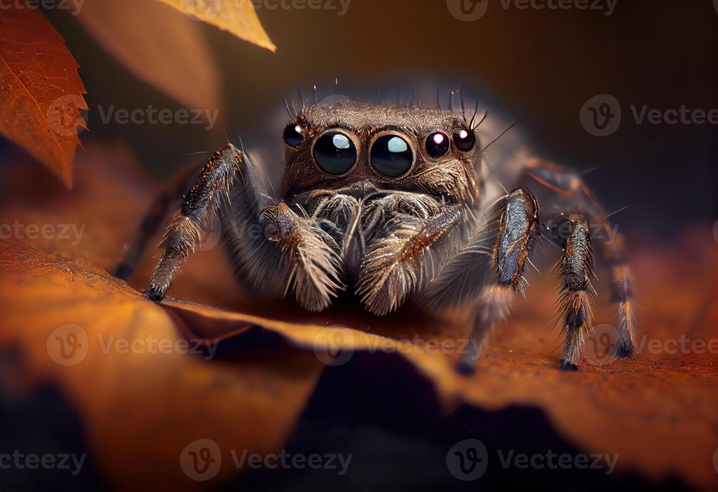 illustration of a jumping spider sitting on a leaf and looking at the camera, in the style of dark brown and gray, exaggerated facial features, heywood hardy photo