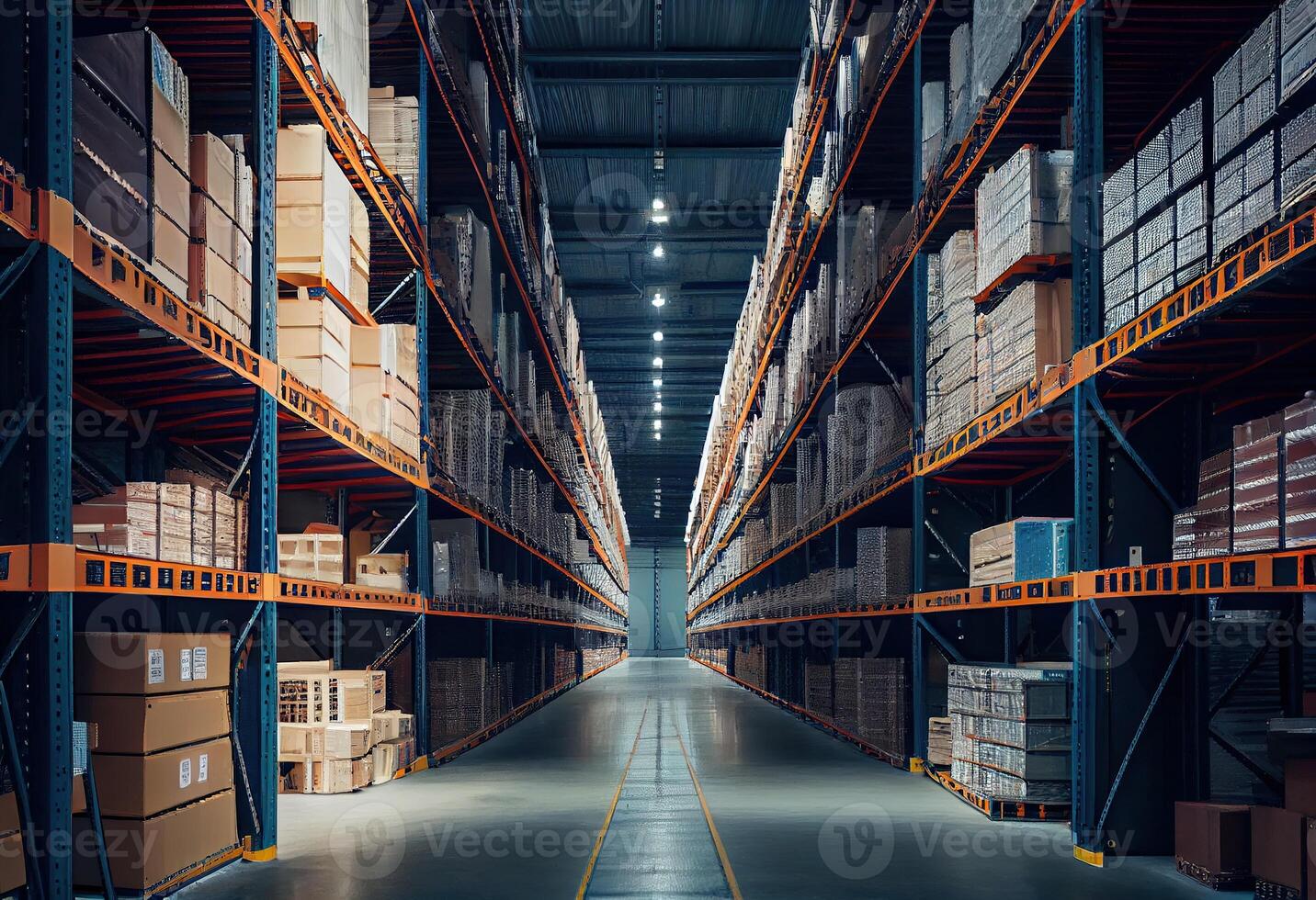 illustration of huge distribution warehouse with high shelves, huge sales warehouse, hundreds of thousands of products, endless factory photo