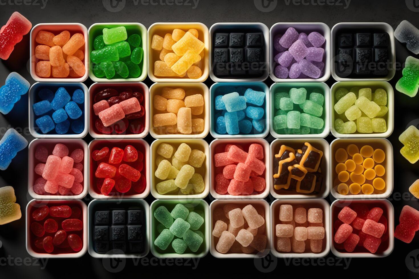 illustration of vast array of different gummy bear flavors in open square containers photo