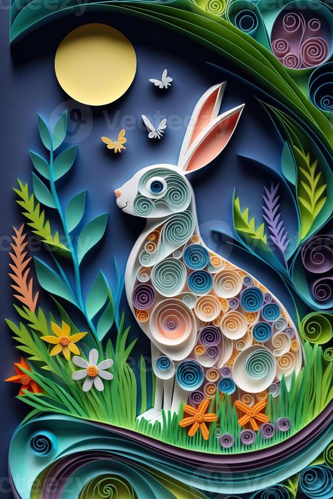 illustration of quilling paper art, cute baby rabbit as easter bunny sitting in easter egg as easter under tree, background wallpaper design in easter holiday photo