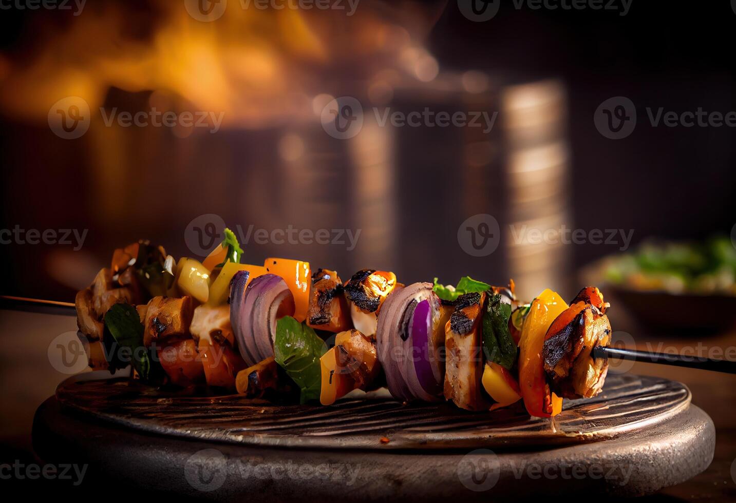 generativo ai ilustración de ensartado shish brocheta, kebabs - A la parrilla carne brochetas, vegetales en negro de madera antecedentes. carne brochetas en un parilla foto