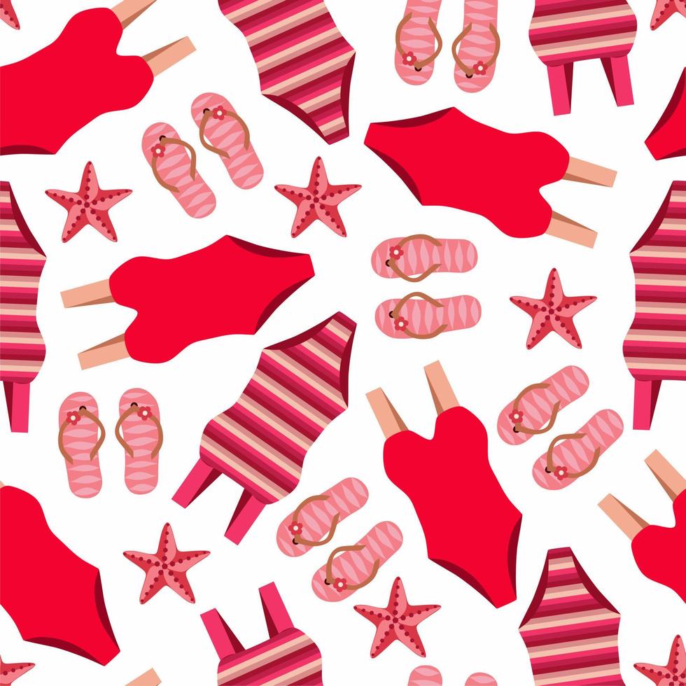 Seamless red and pink pattern. Swim suits, sea stars and flip flops. vector