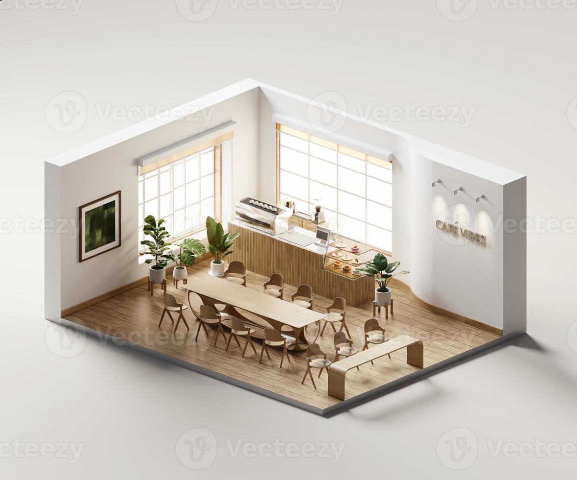 Isometric view minimal cafe store open inside interior architecture, 3d rendering digital art. photo