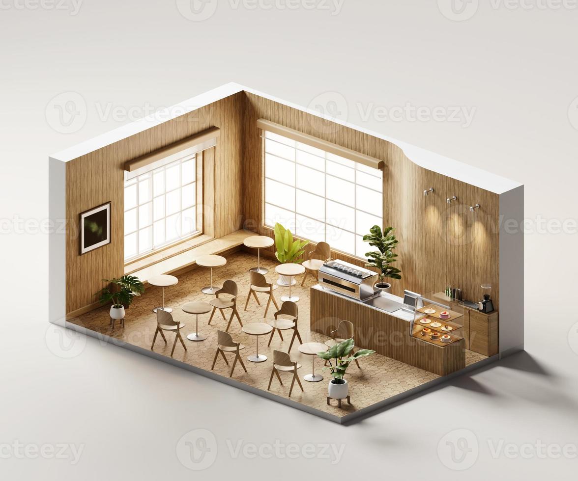 Isometric view minimal cafe store open inside interior architecture, 3d rendering digital art. photo
