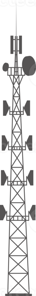Transmission cellular tower silhouette. Mobile and radio communications tower with antennas for wireless connections. Outline illustration png