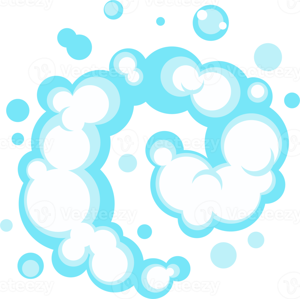 Cartoon soap foam with bubbles. Light blue suds of bath, shampoo, shaving, mousse png