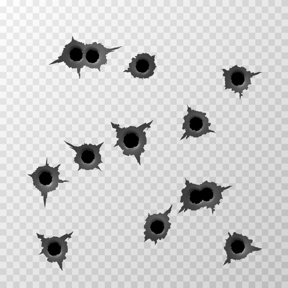 Bullet Hole. Track from machine gun. Torn surface from bullet. Ripped metal. Vector illustration