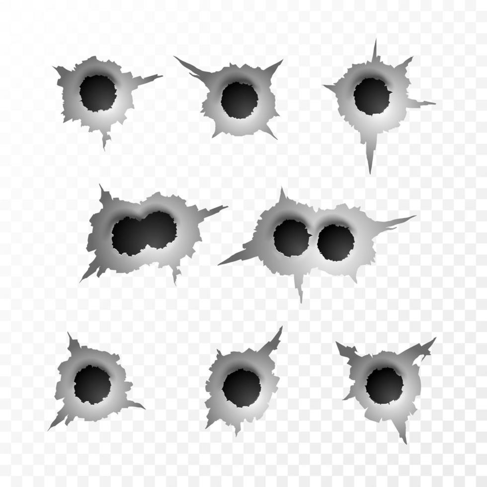 Bullet Hole. Torn surface from bullet. Ripped metal on transparent background. Vector illustration