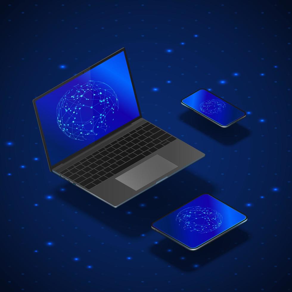 Isometric gadgets mock up set. Realistic laptop mobile and tablet with global networking on screen. Modern digital ecosystem. vector in blue color