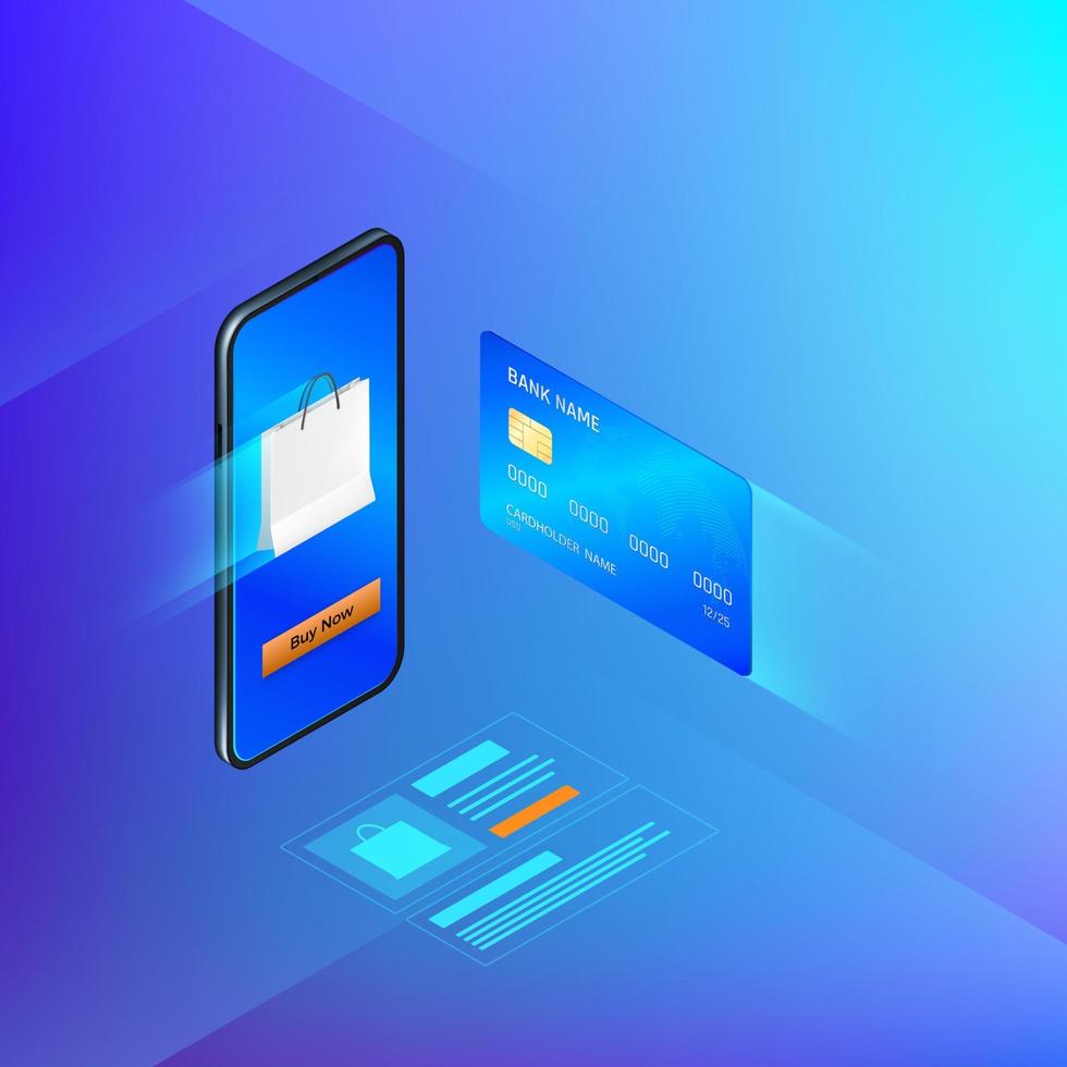 Banking online service in mobile app. Money transfer or internet shopping concept. Credit card and mobile phone. Vector isometric banner