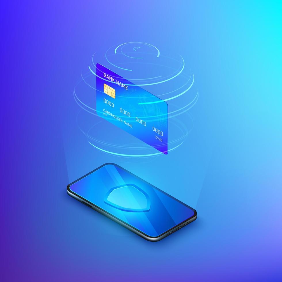 Banking online service. Money transfer or internet shopping concept. Credit card above mobile phone with shield on screen. Security and protection online payment. Vector isometric banner