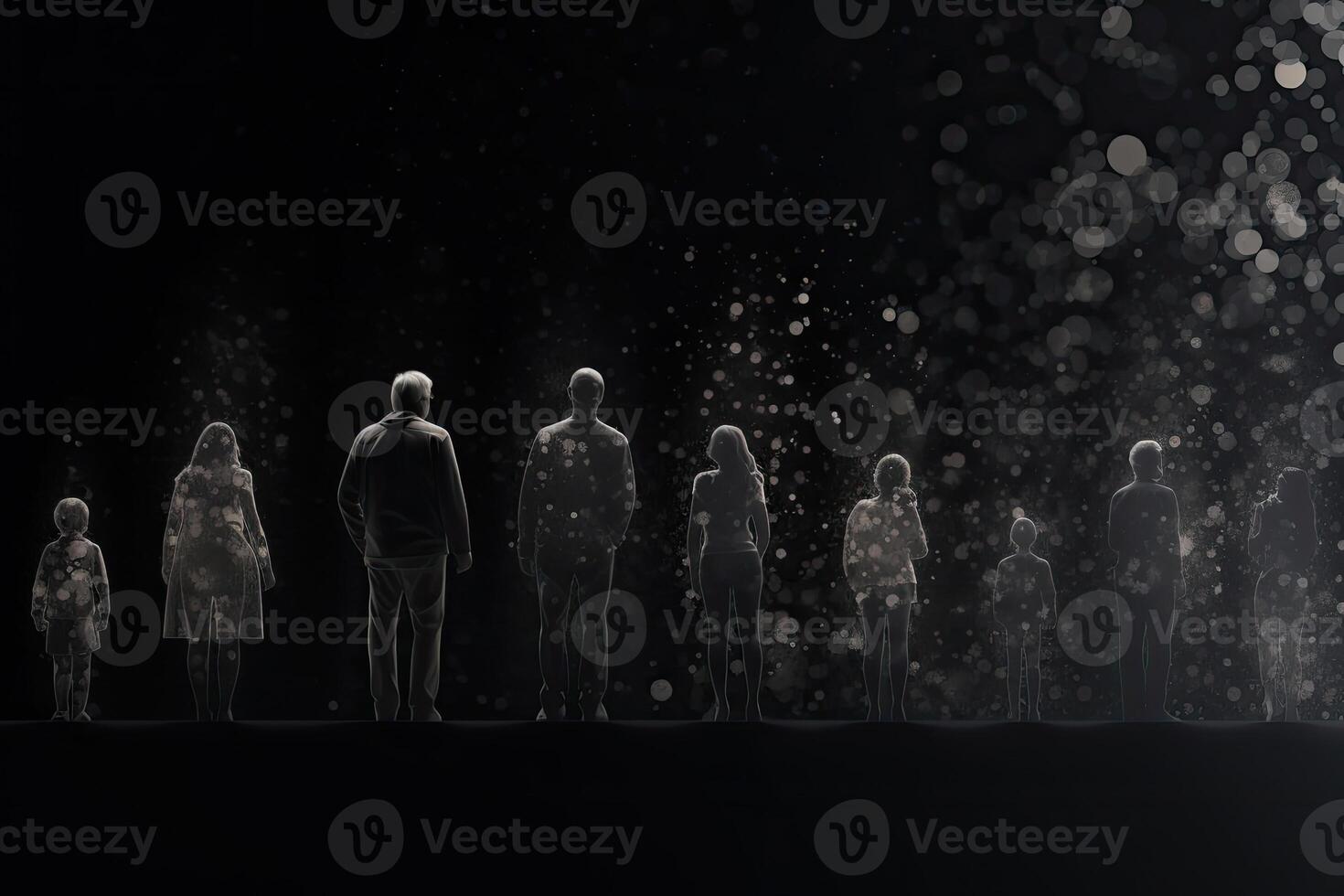 Different generations of family stand together against dark abstract background. photo