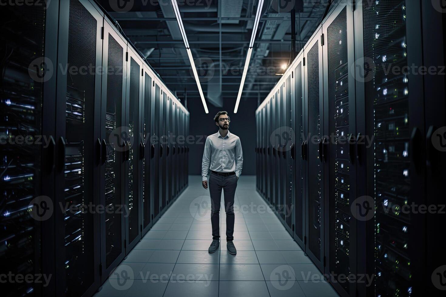 Male engineer in server room. Data center maintenance. photo
