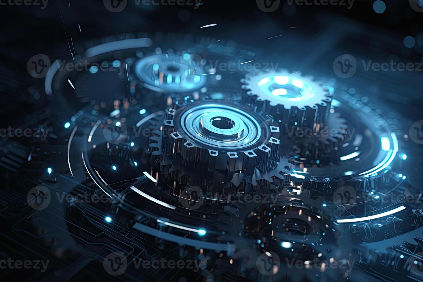 Digital gear wheels on circuit board. High technology engineering. photo