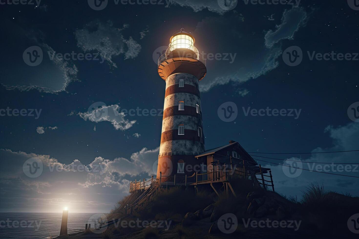 Lighthouse in sea at starry night. Navigation for ships. photo