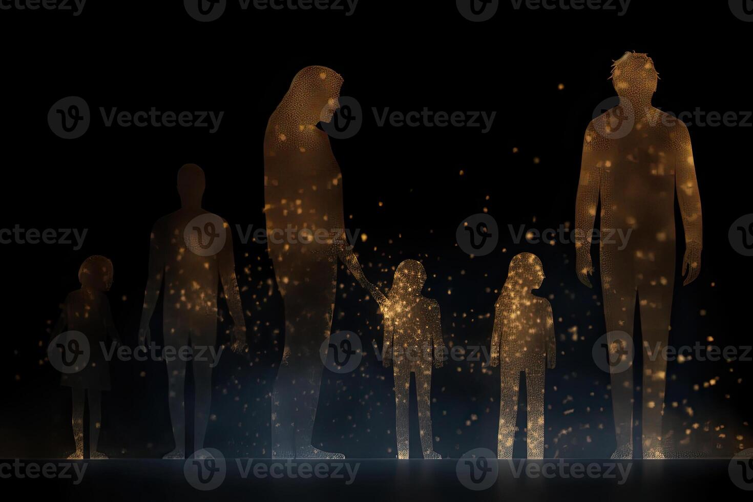 Different generations of family stand together against dark abstract background. photo