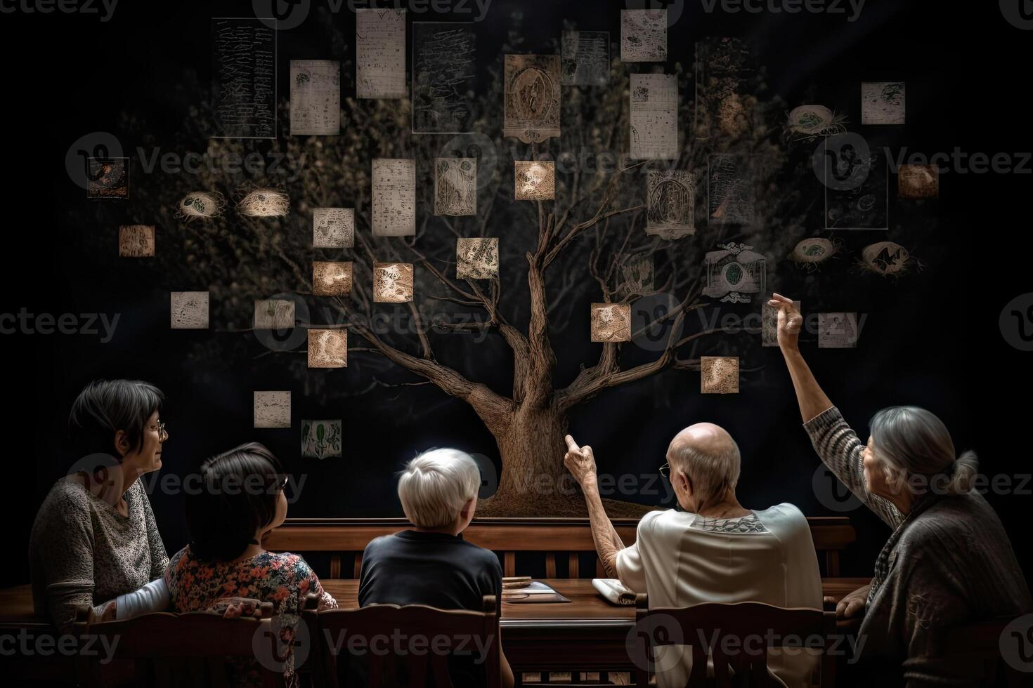 Different generations of family stand together against dark abstract background. photo