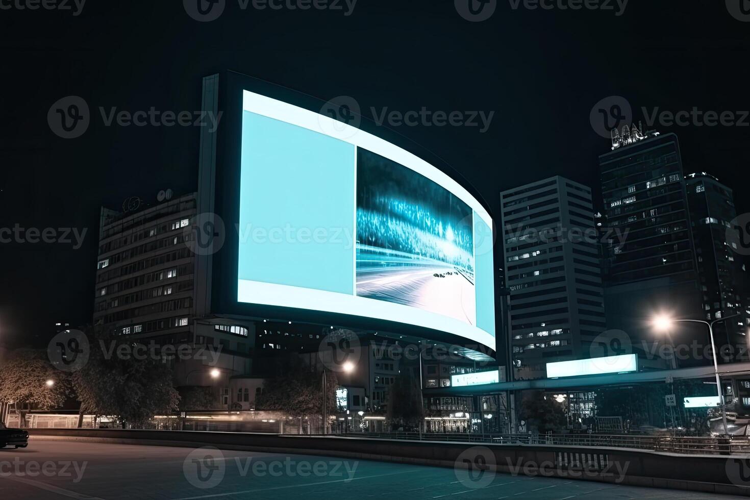 Futuristic neon city with billboard at street. photo