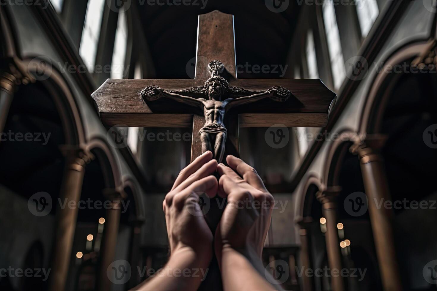 Church priest holds religious cross in hands. photo