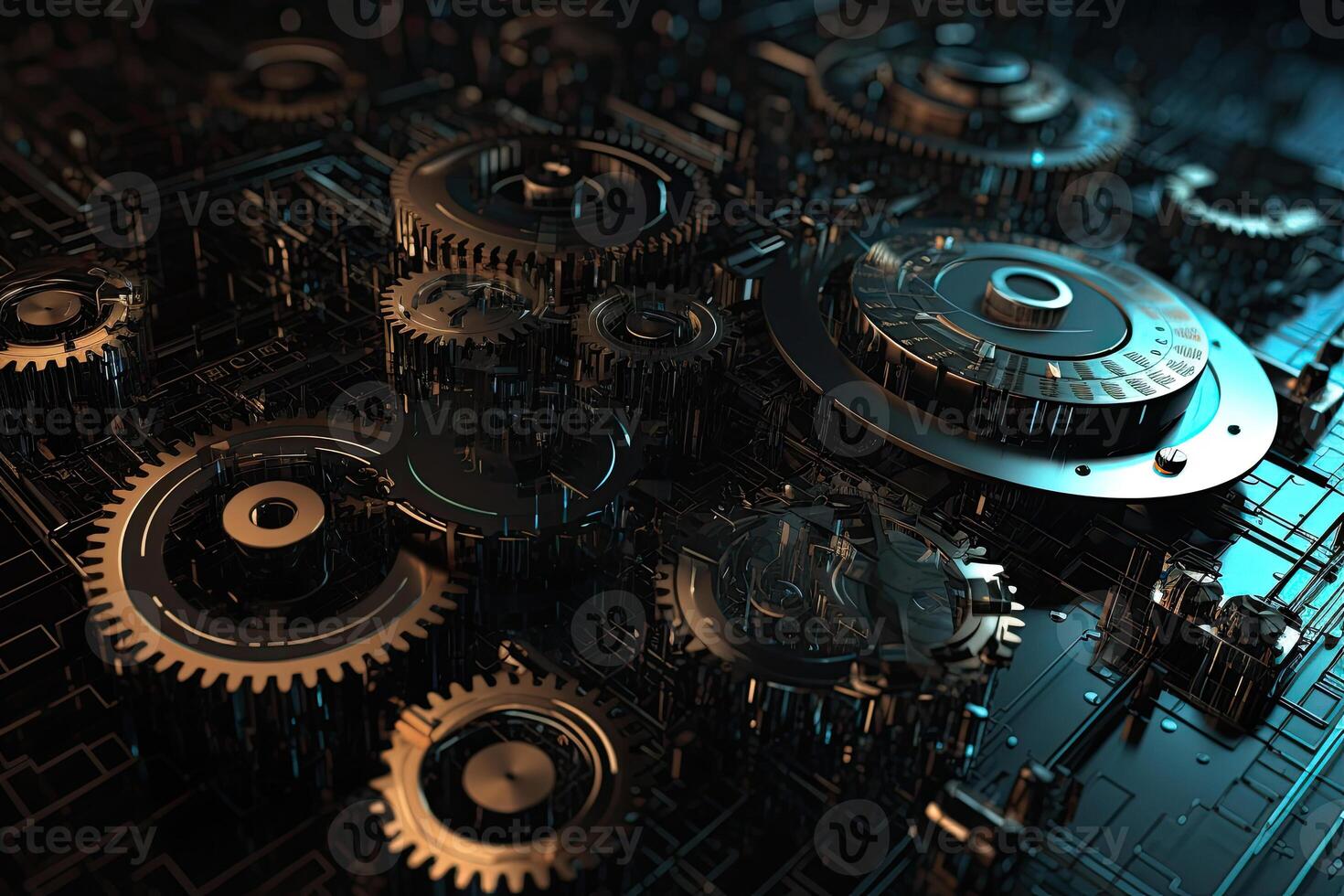 Digital gear wheels on circuit board. High technology engineering. photo