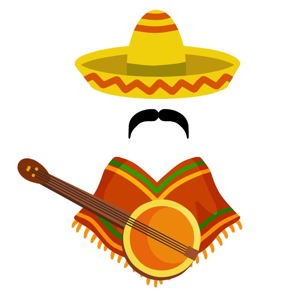Poncho. Red and orange Mexican Cape. National dress. Latin costume. Sombrero hat and mustache. Flat cartoon isolated on white vector