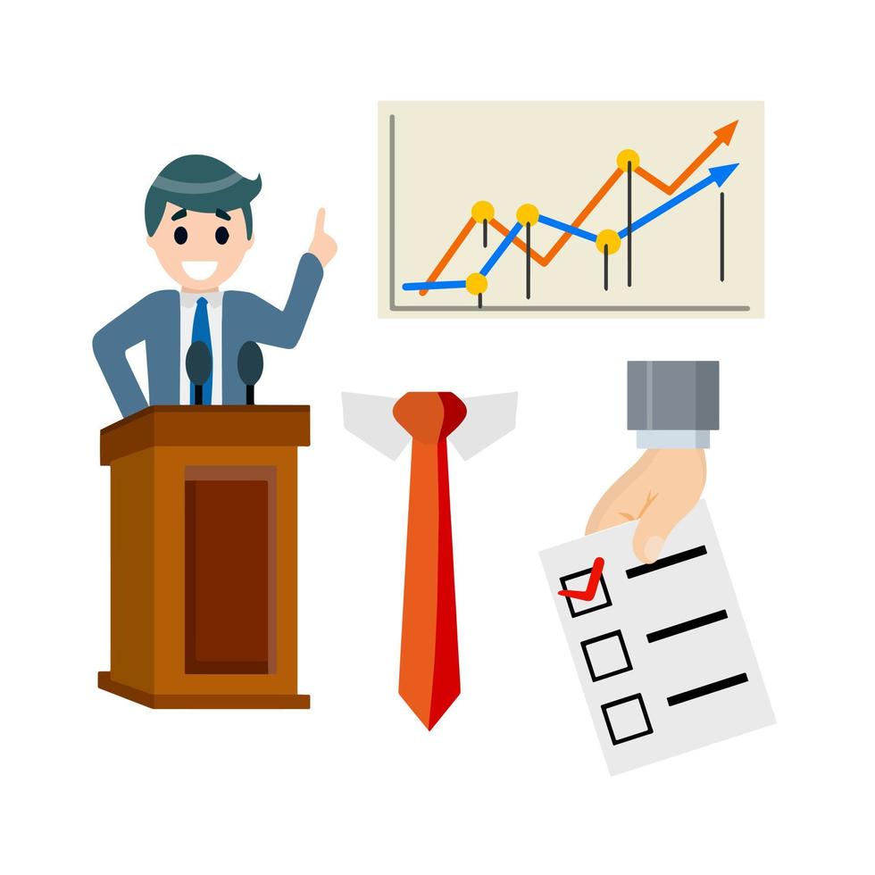 Set of objects of political election of President. Popularity chart, tie, hand with voting ballot. Candidate and podium for debate. Brown rostrum. Flat cartoon vector