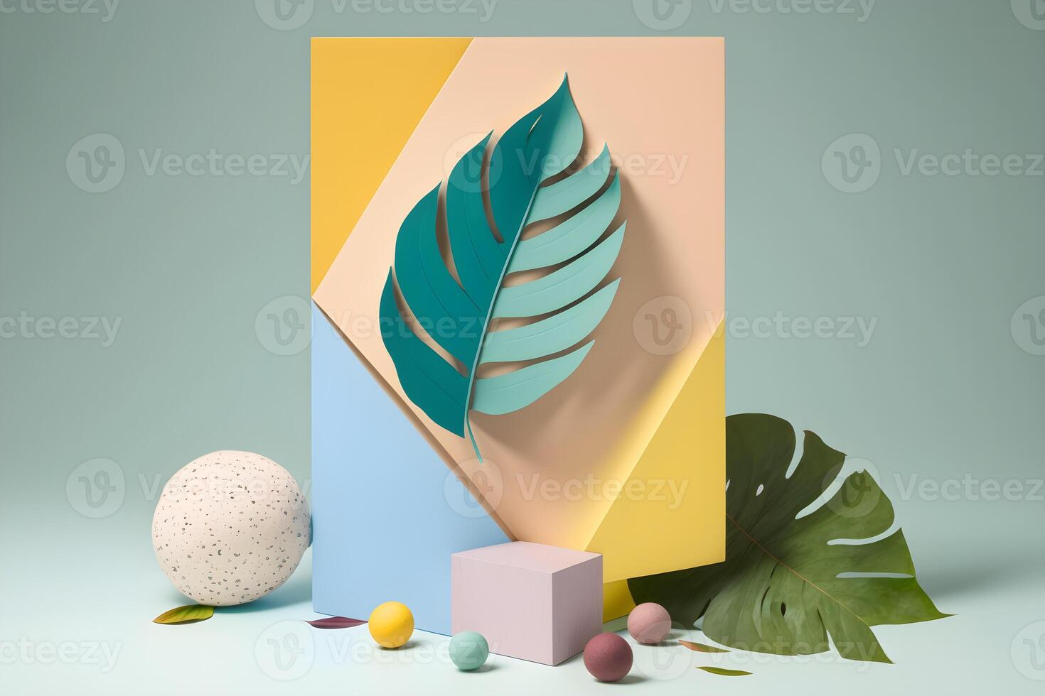 aesthetic color pastel display product with plastic leaf advertisement mockup , photo