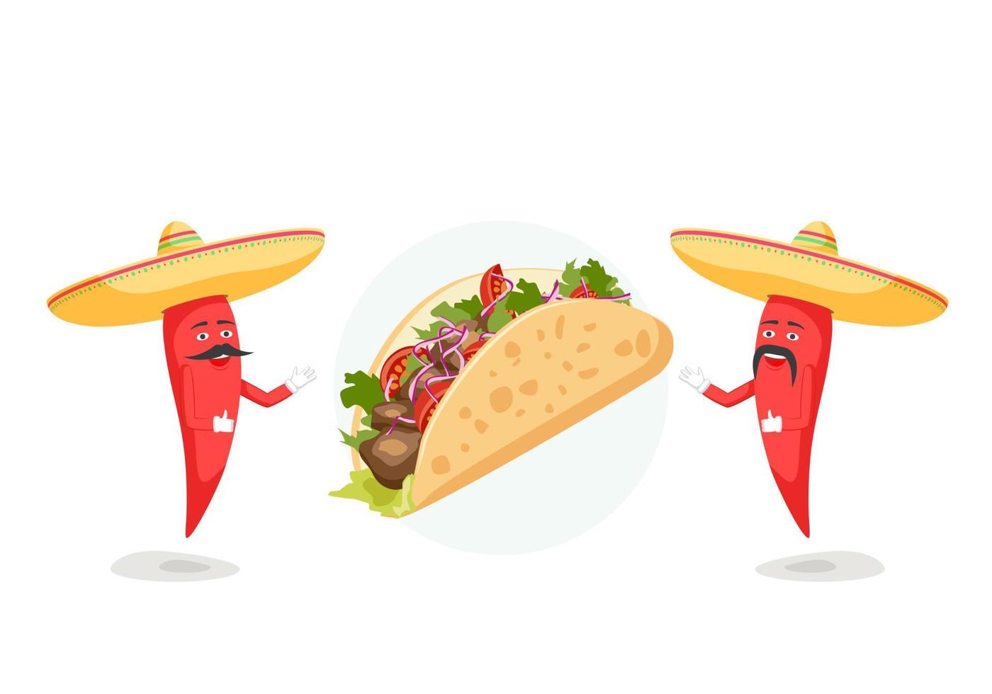 Traditional Mexican Food Restaurant Advertising. Two chili characters with mustache in sombrero and taco. Vector