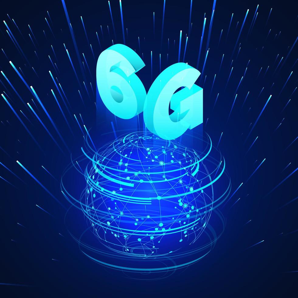 High speed 6G global mobile networks. Business isometric illustration global network hologram and text 6g. Wireless web banner. Modern data transfer technology. Vector