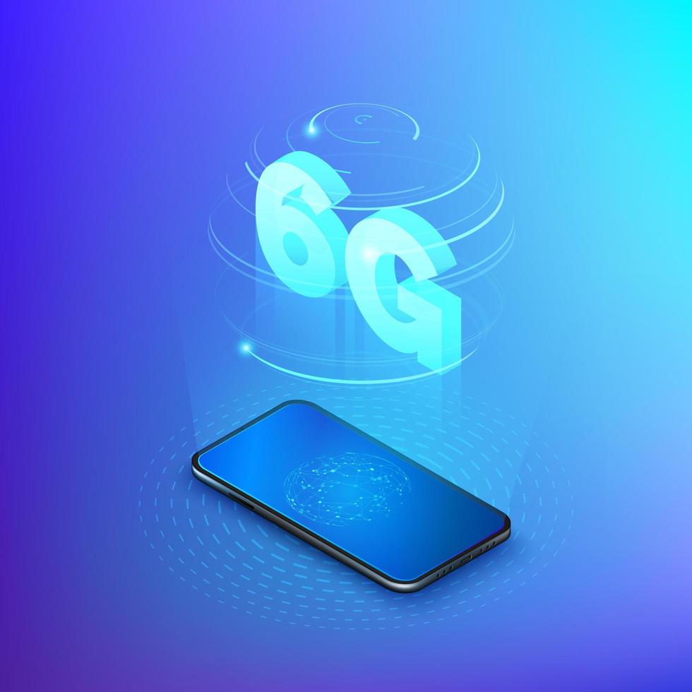 6g fast mobile networks. Mobile phone with global network on screen and hologram of wireless networks with isometric text 6G inside. Technology background. Vector illustration