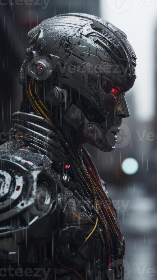 A close up image of a robot in the rain photo