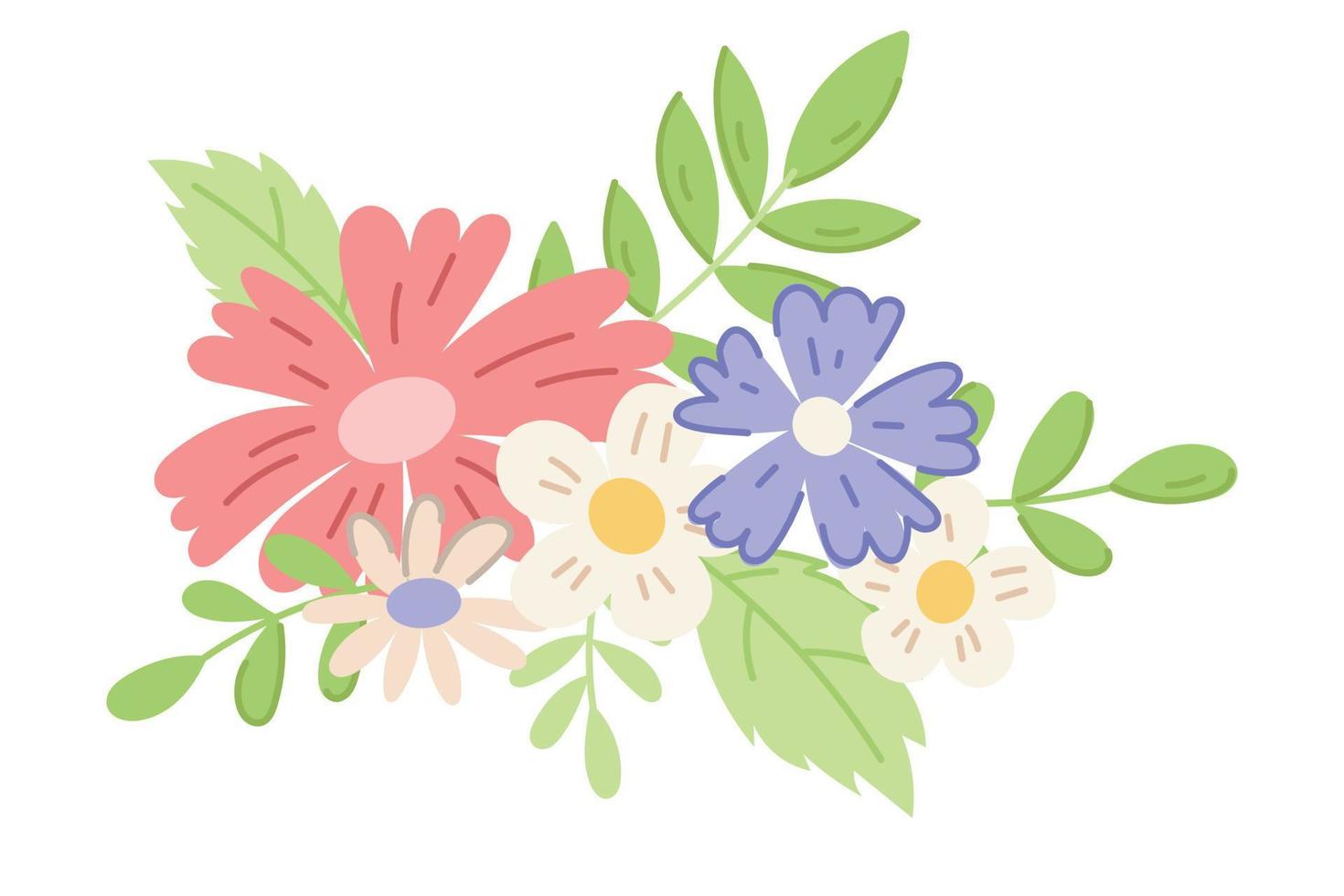 Bundle of Flat Field Flowers and Leaves on twigs. Vector isolated Bouquet of cartoon daisies and cornflowers.