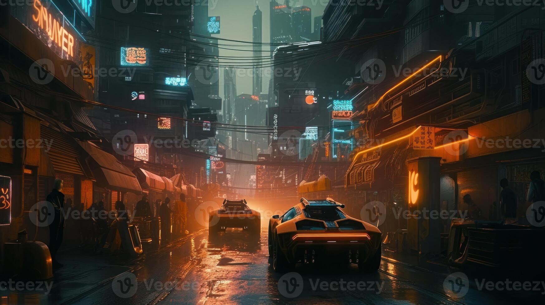 A Busy futuristic cyberpunk street of a town photo
