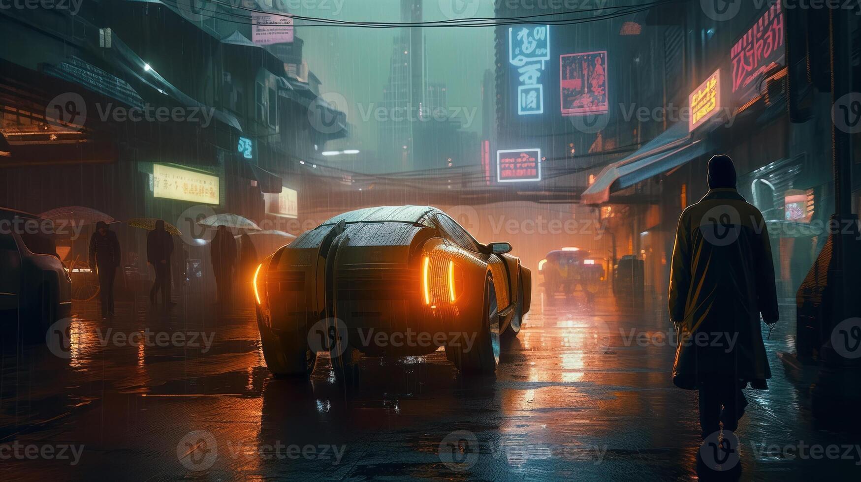 A Busy futuristic cyberpunk street photo