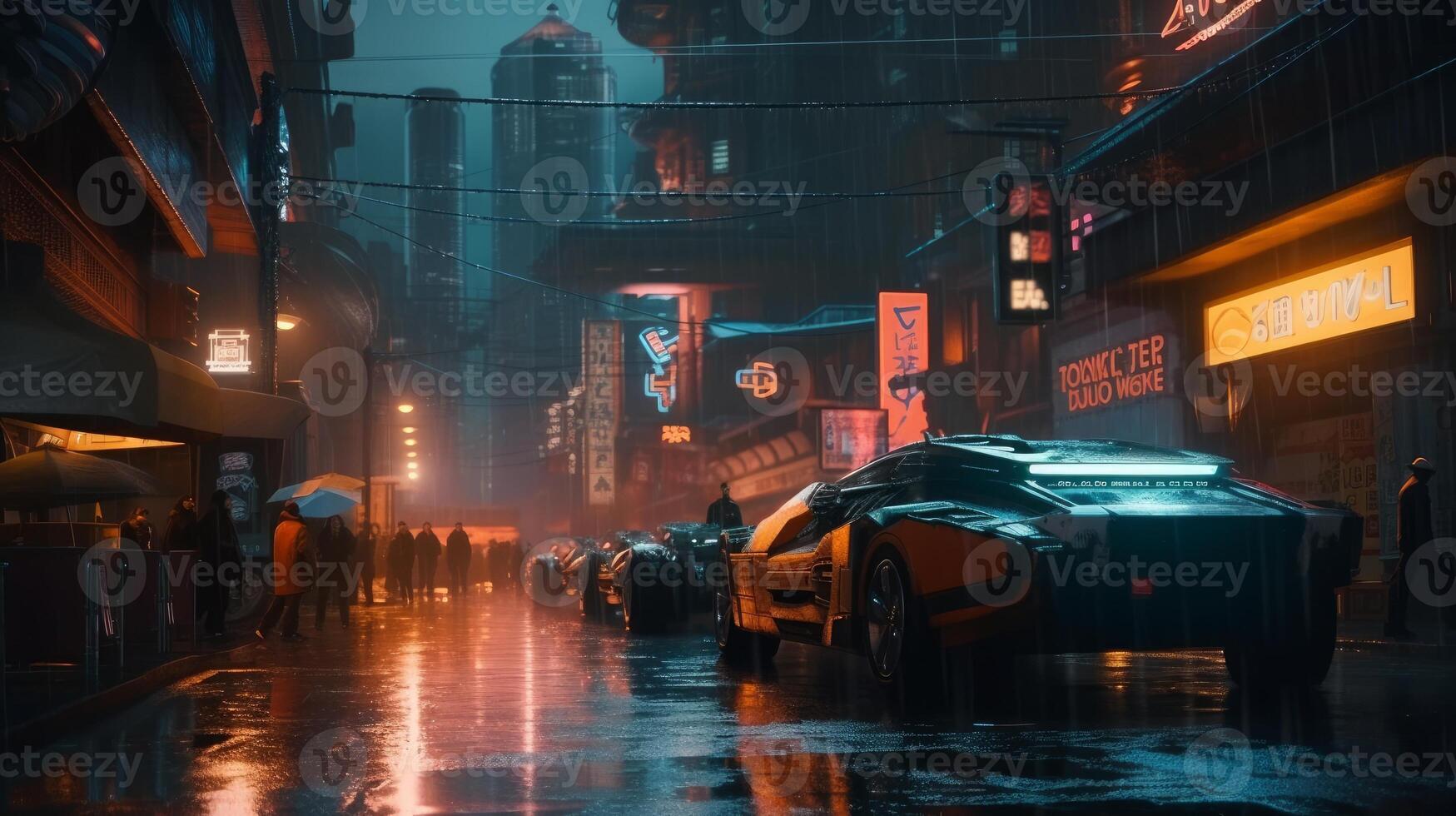 Busy futuristic cyberpunk street with car rush photo