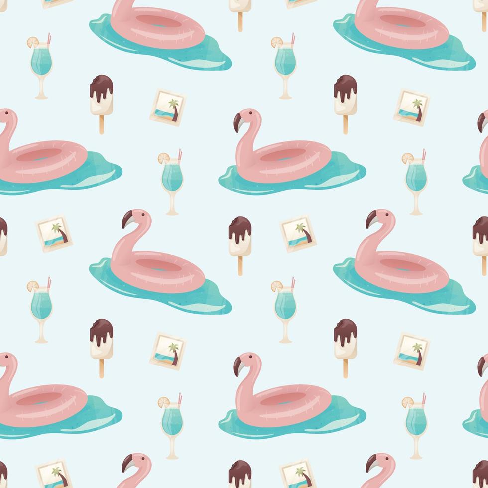 Vector seamless summer pattern. Cute realistic sea vacation elements. Inflatable pink flamingo, ice lolly and cool cocktail. Background or wallpaper decoration.