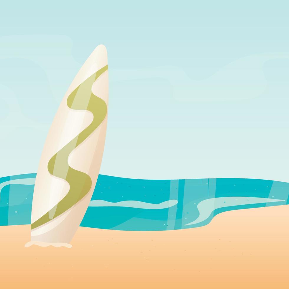 Vector illustration of a landscape of a sandy beach by the sea with a surfboard.