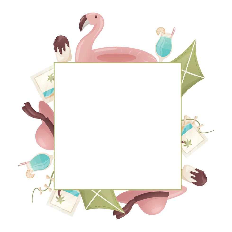 Vector template with summer frame and vacation elements, flamingo lifebuoy, ice cream, hat, cocktail, flying kite.