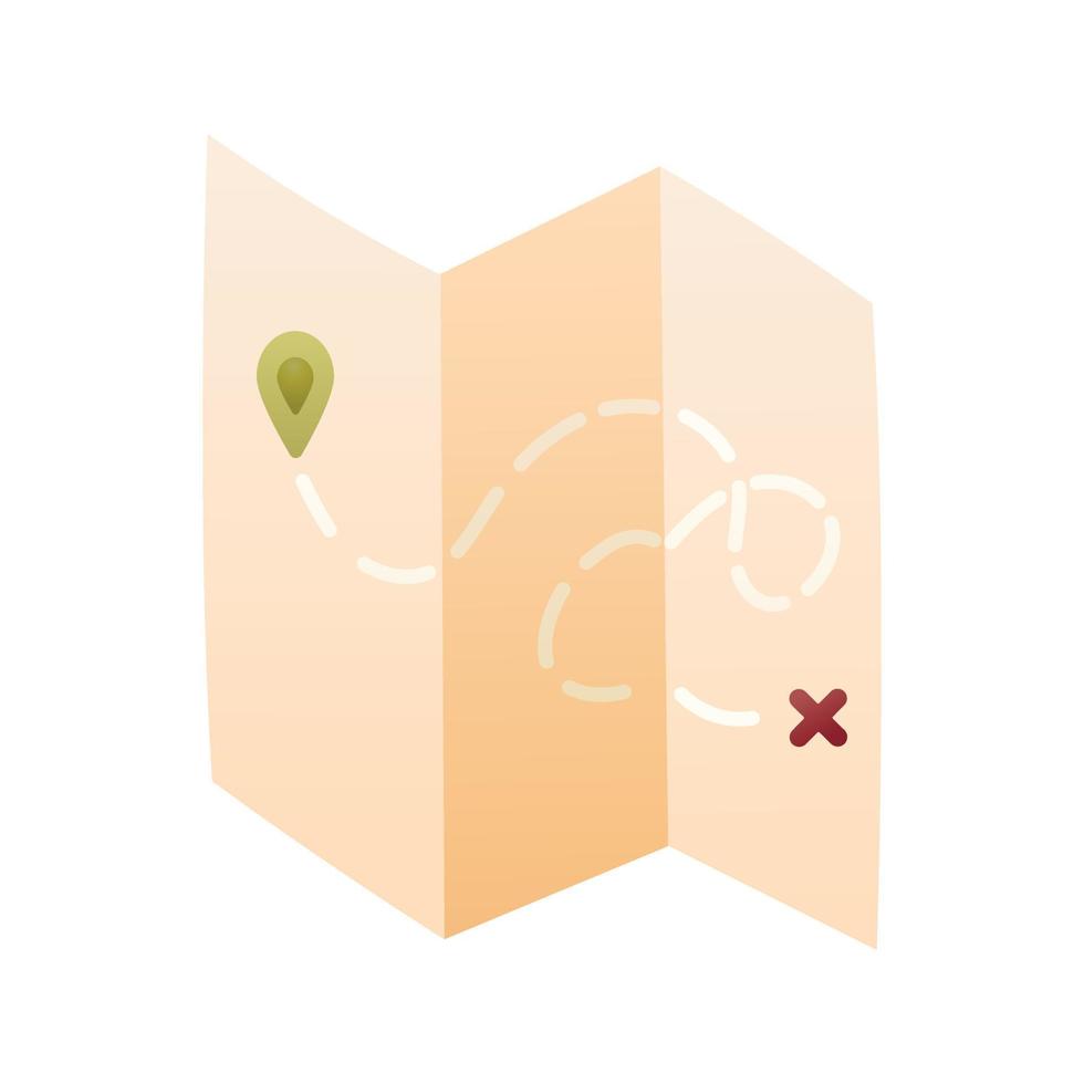 Vector isolated illustration on white background. Cartoon gradient map with route. Camping equipment.