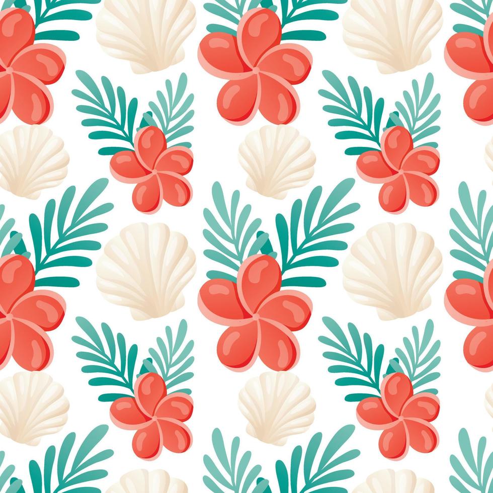 Vector cartoon seamless summer pattern. Bright tropical wallpaper with seashells, green leaves and plumeria flowers. Background for vacation and beach holiday themes.