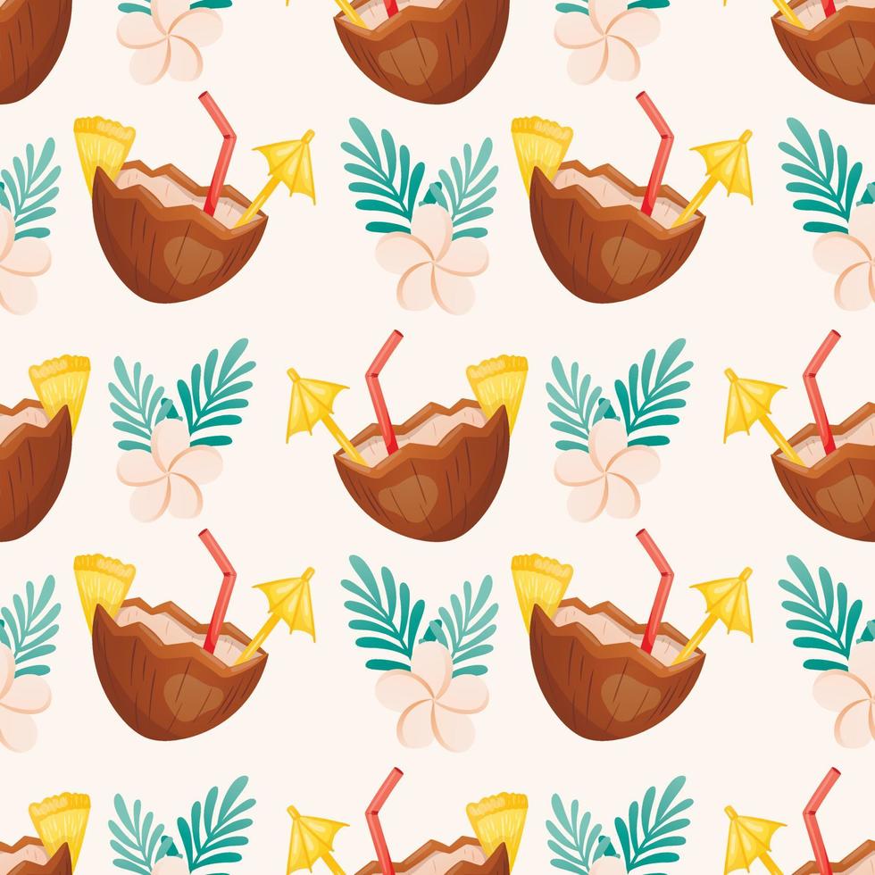 Vector seamless summer pattern. Coconut cocktail with drinking straw and umbrella. Tropical decoration with plumeria flowers and green leaves. Background decoration on the theme of vacation.