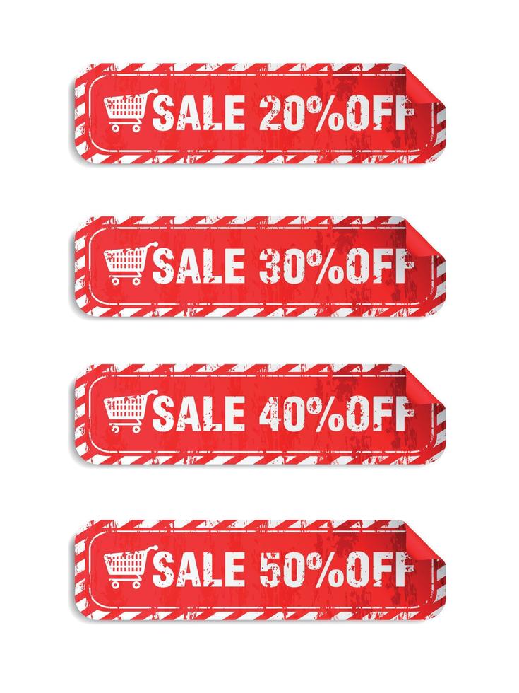 Sale red stickers set in grunge design style vector. Sale 20, 30, 40, 50 off vector