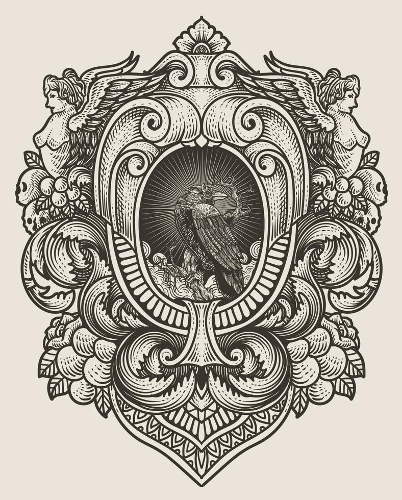 Illustration of antique crow with vintage engraving ornament in back perfect for your business and Merchandise vector