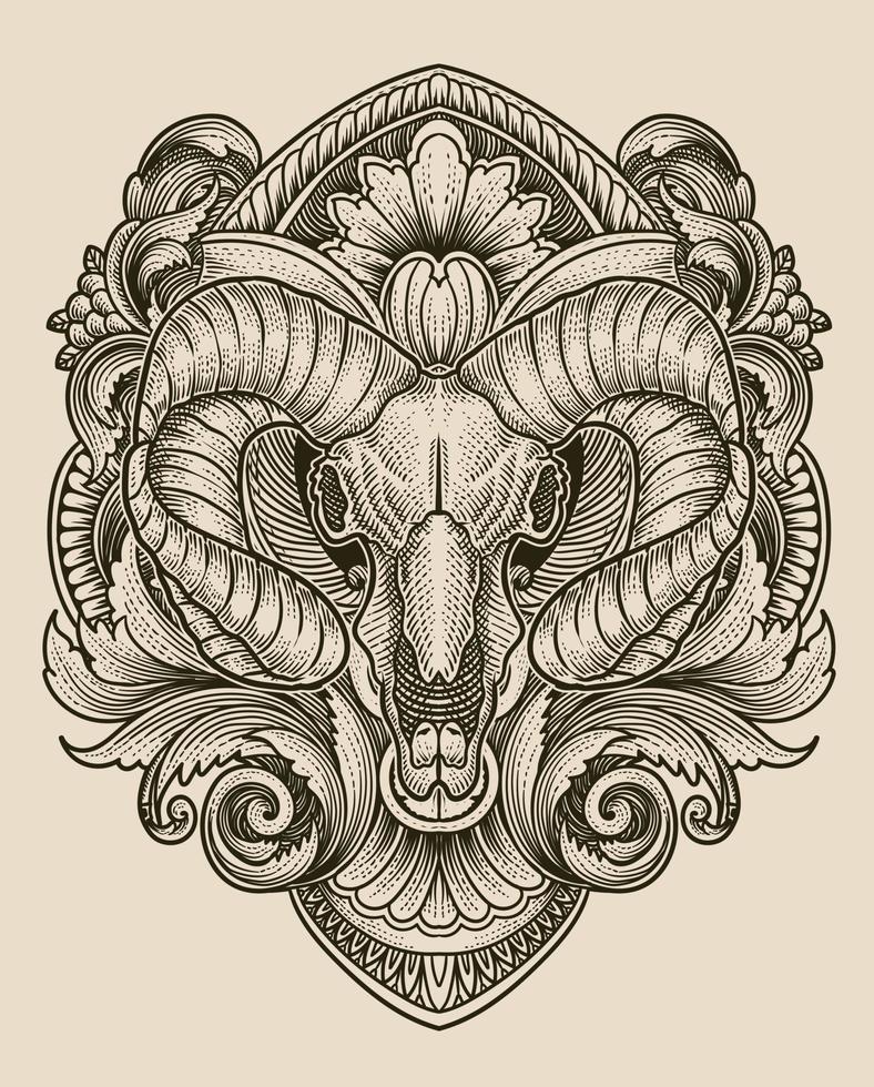 Ram's skull head with antique engraving ornament style good for your merchandise dan T shirt vector