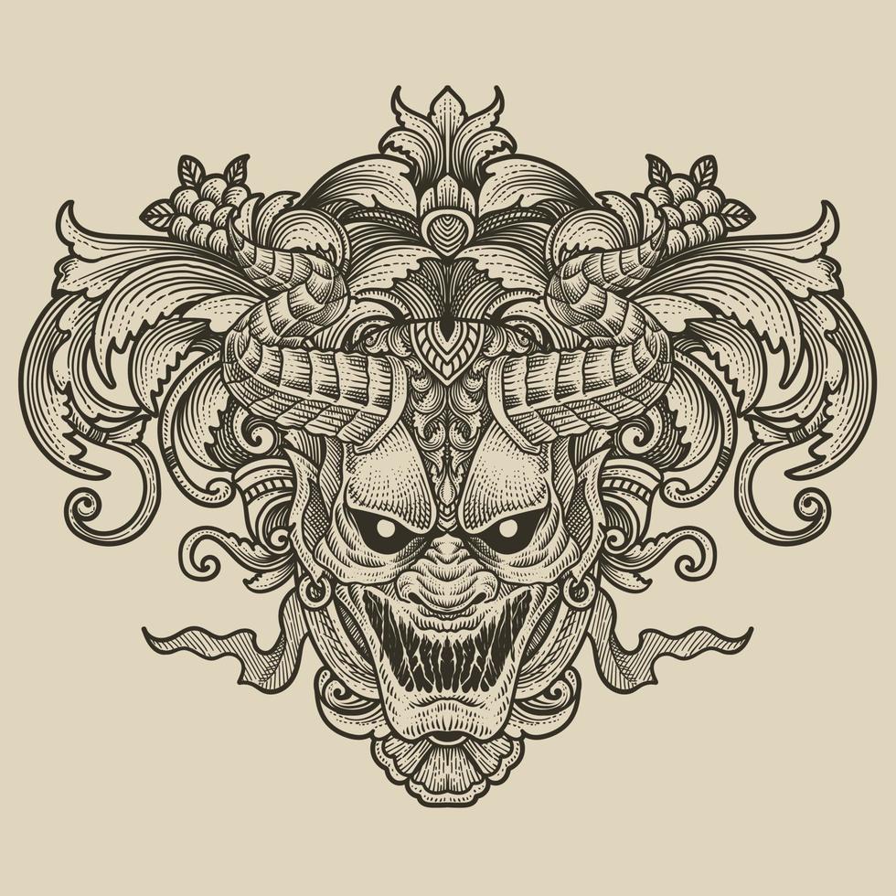 Vector illustration. scary demon mask with vintage engraving ornament style perfect for your business and T shirt merchandise