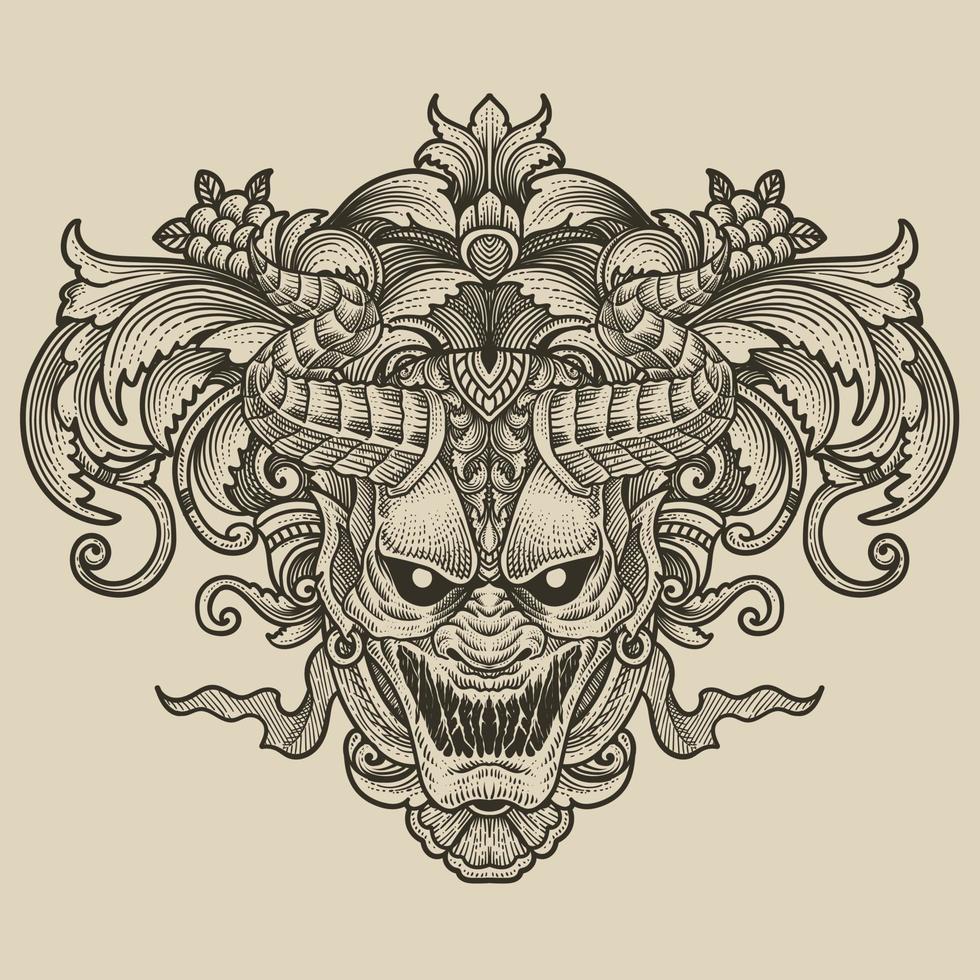 vector ilustración. de miedo demonio máscara con Clásico grabado ornamento estilo Perfecto para tu negocio y t camisa mercancías