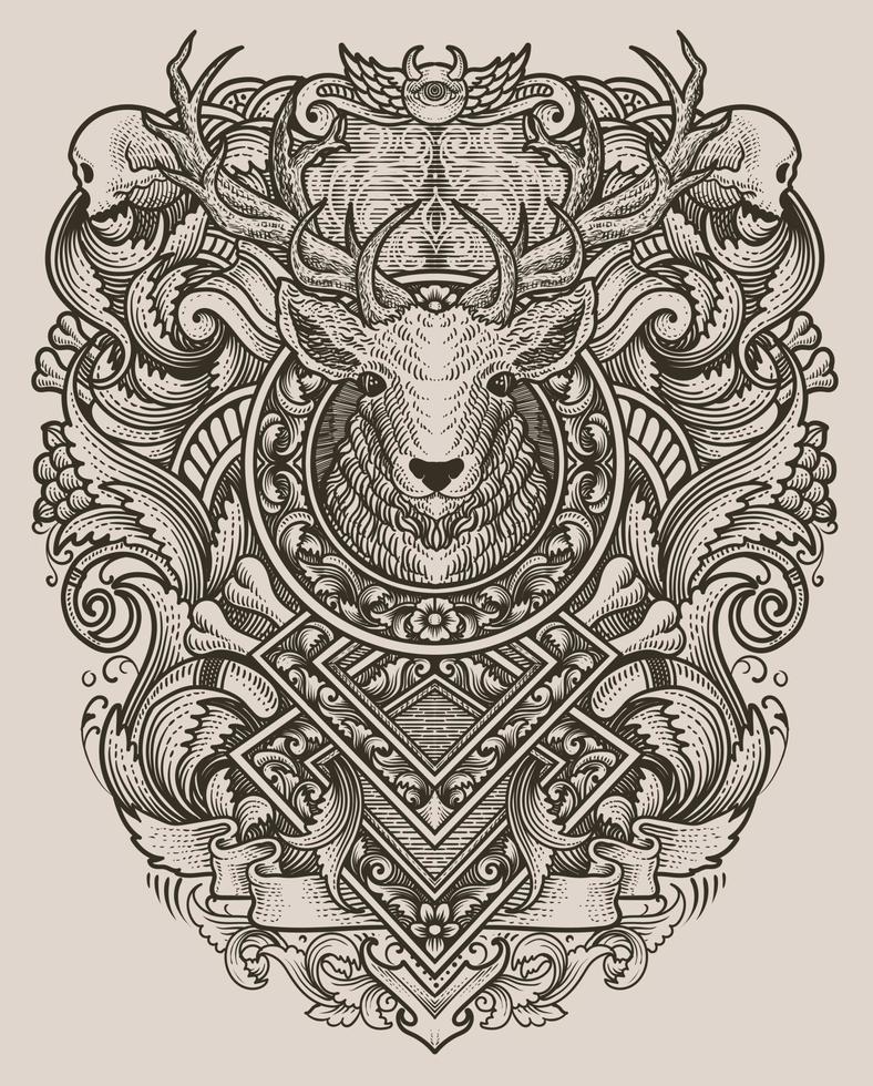 illustration deer head with antique engraving ornament style good for your merchandise dan T shirt vector