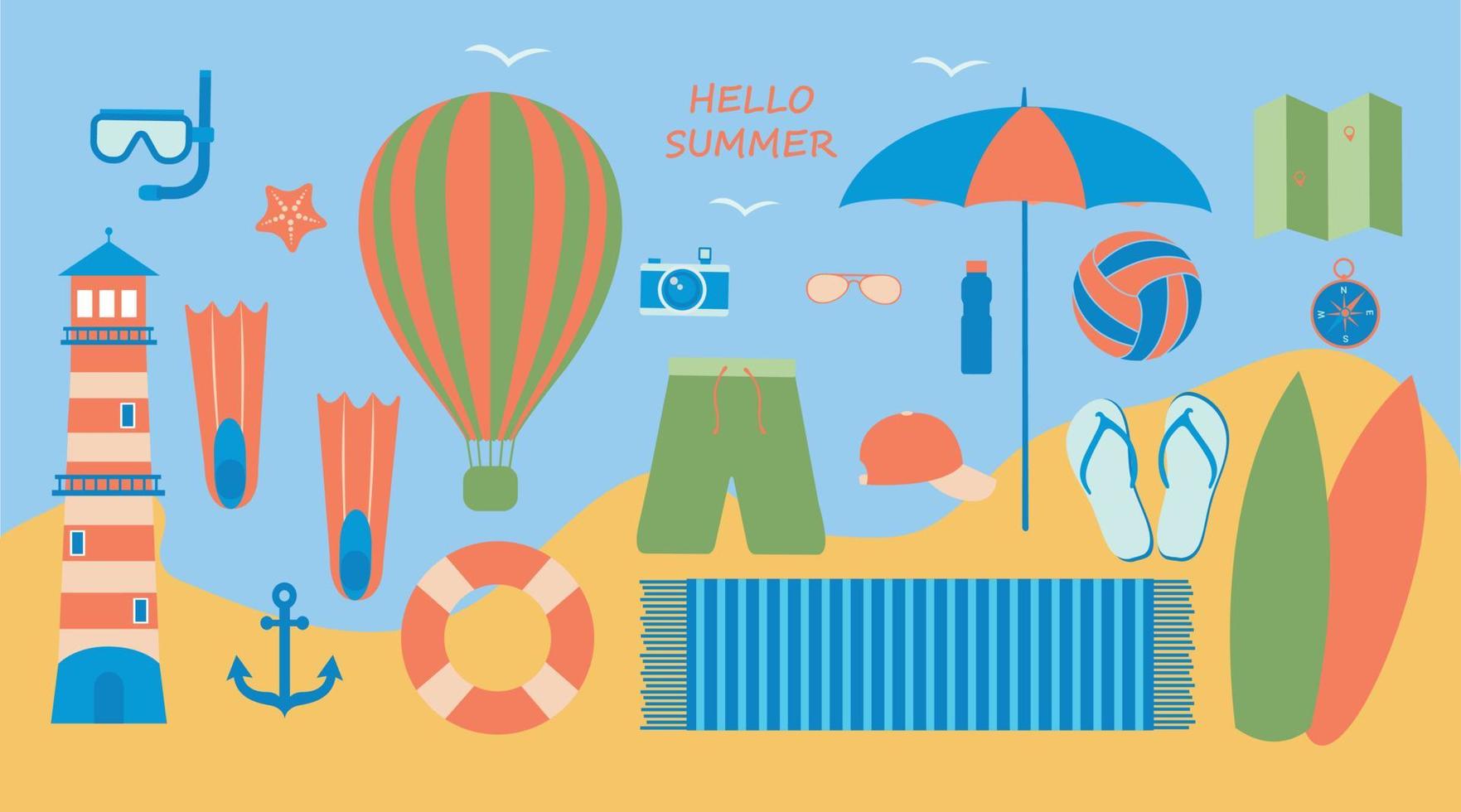 Summer seamless pattern. Accessories for sea holidays. Suitable for printing, textiles, backgrounds, wallpaper, wrapping paper, packaging. vector