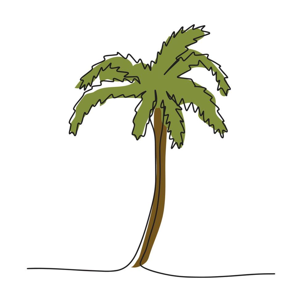 Drawing of a palm tree with one continuous line . The concept of a decorative coconut palm for wall decor, poster printing and travel vacation travel company. vector