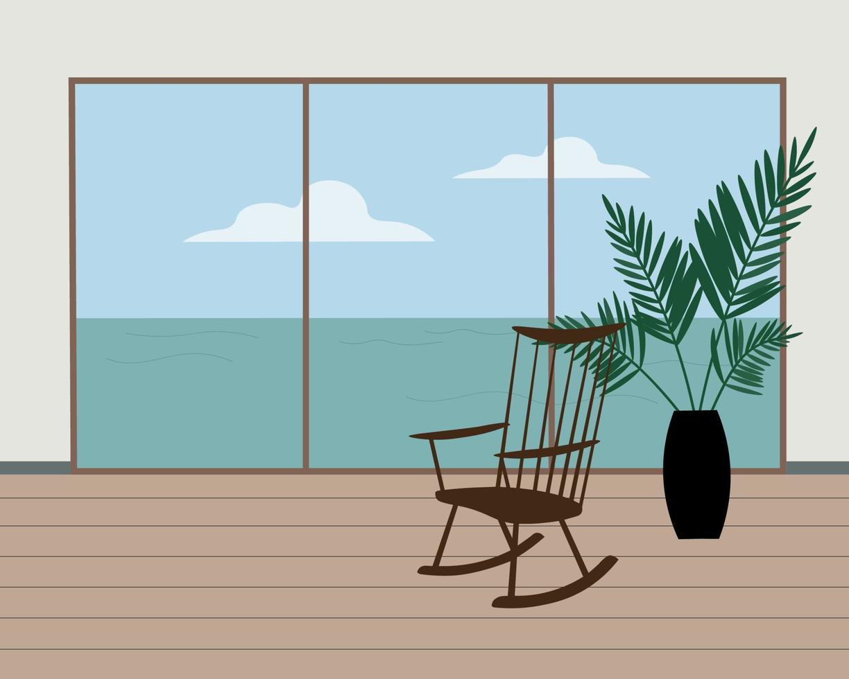 Room interior with large window, Nakashima rocking chairs, wooden floor and houseplant. Interior without people overlooking the calm sea. Modern home decor. Flat vector illustration